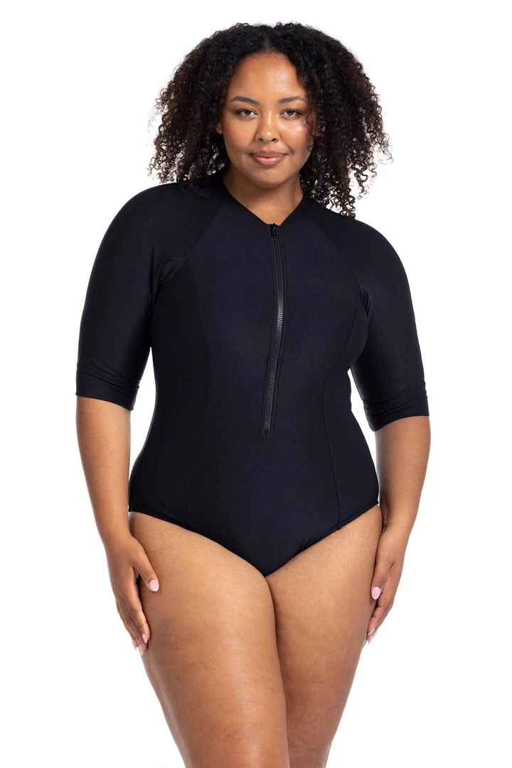 Recycled Hues Black Seurat Sunsafe Short Sleeve Sun Suit